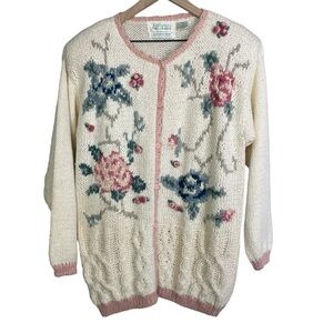 Vintage Women’s Knitted By Hand Floral Button Front Cardigan Granny Sweater